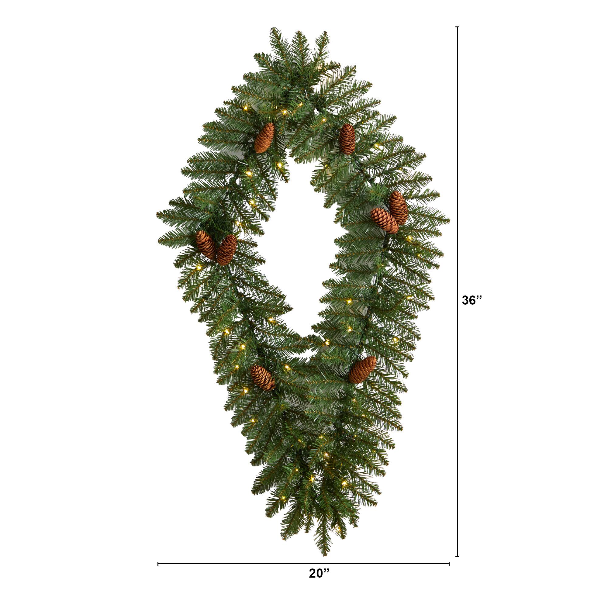 3ft. White LED Lights Holiday Geometric Christmas Diamond Wreath With Pinecones